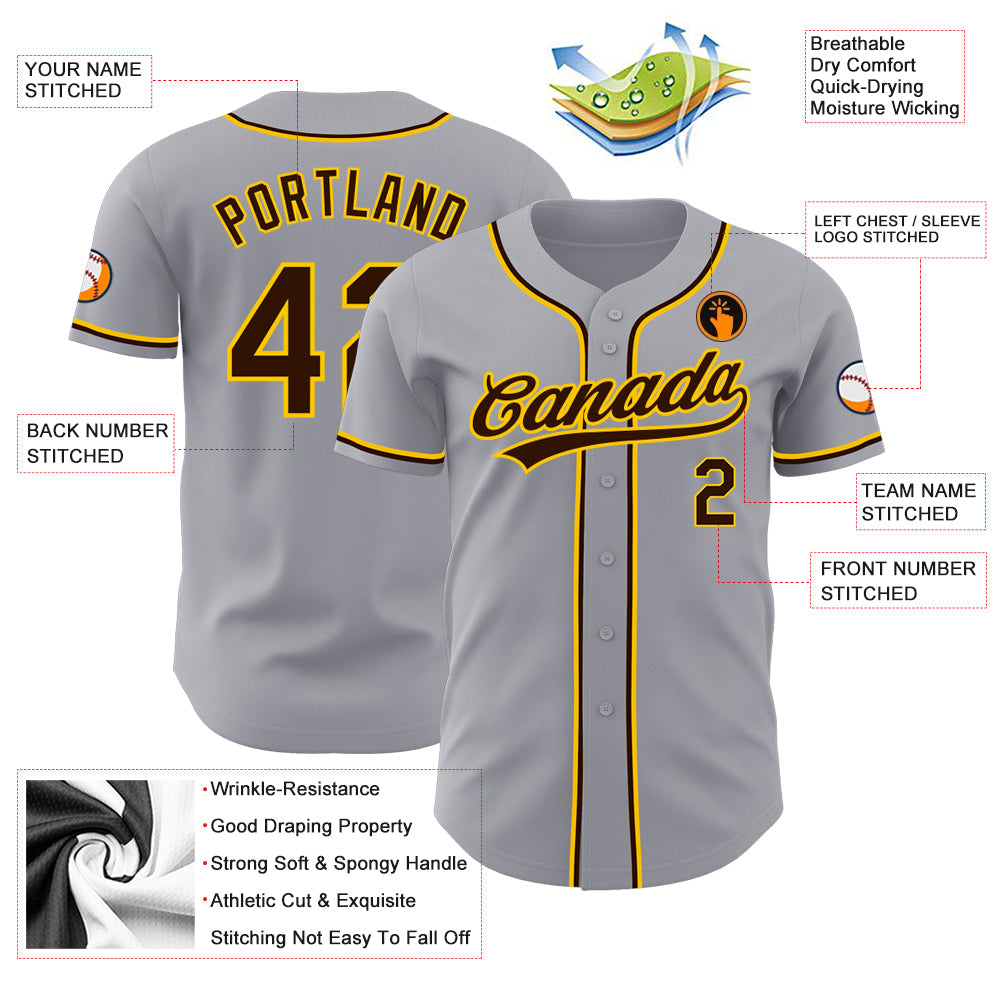 Custom Gray Brown-Gold Authentic Baseball Jersey baseball jersey product view 3