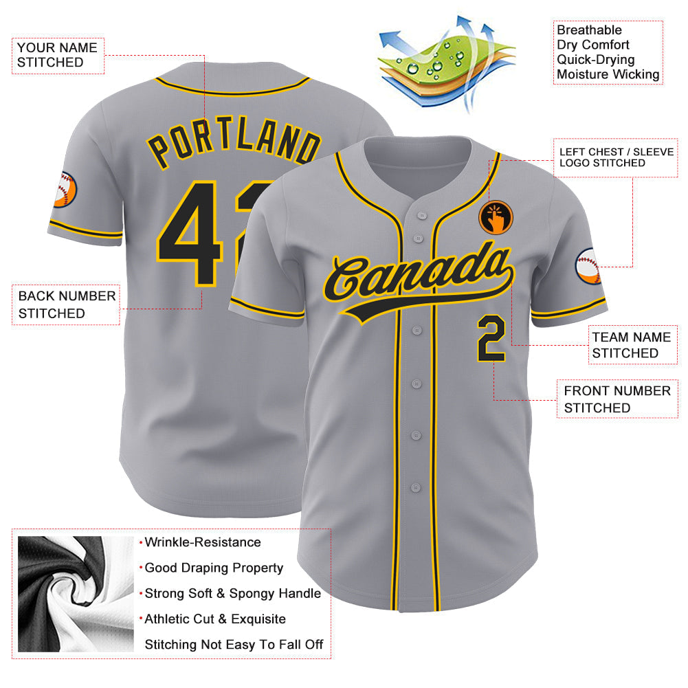 Custom Gray Black-Gold Authentic Baseball Jersey baseball jersey product view 3