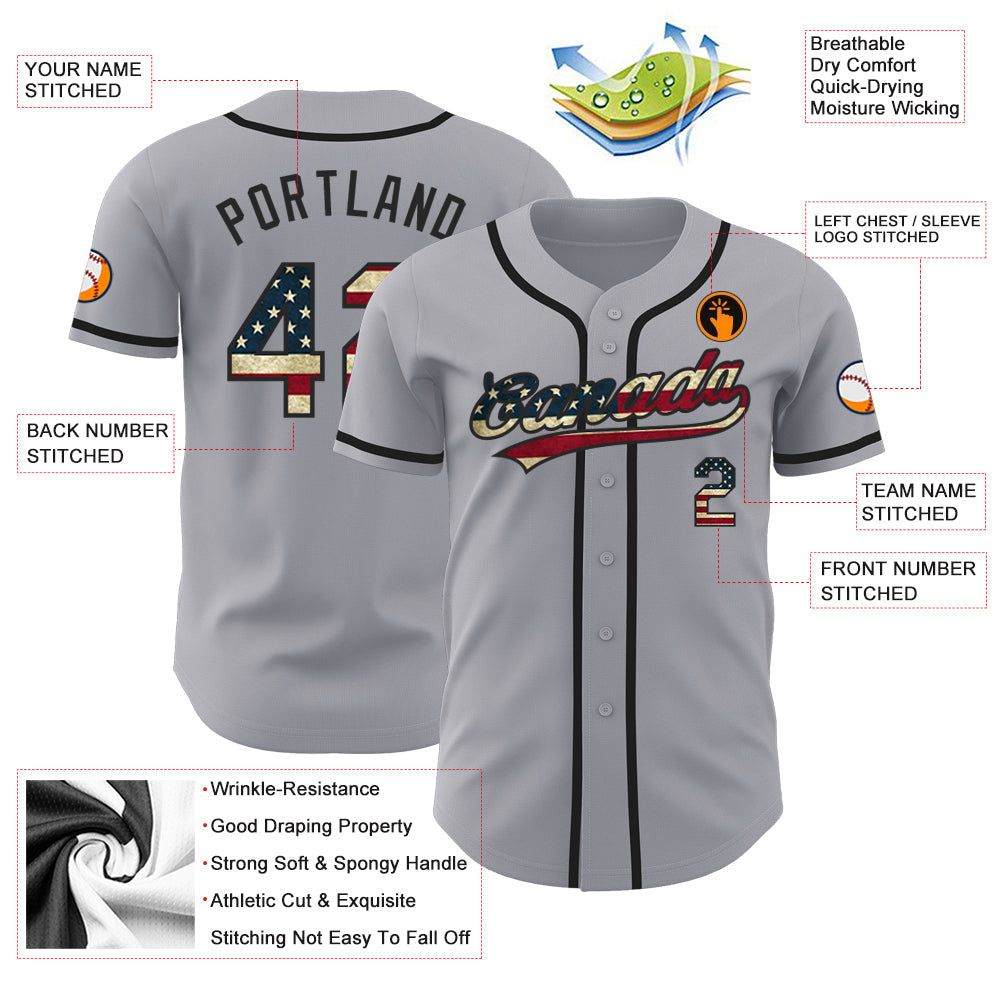 Custom Gray Vintage USA Flag-Black Authentic Baseball Jersey baseball jersey product view 3