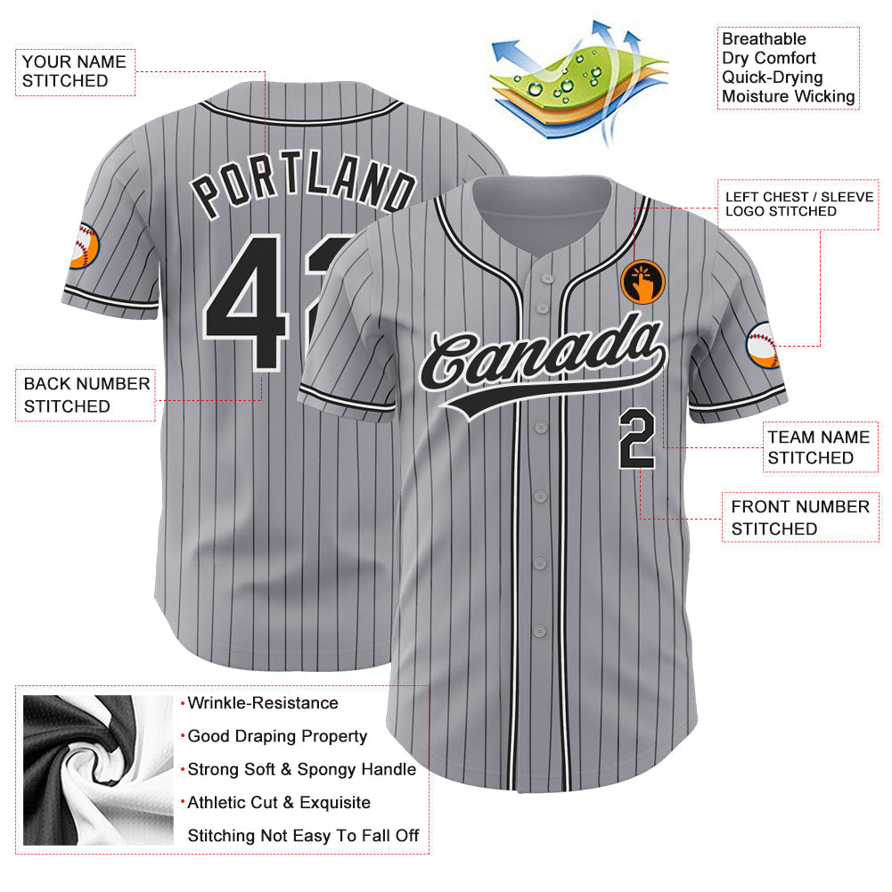 Custom Gray Black Pinstripe Black-White Authentic Baseball Jersey baseball jersey product view 3