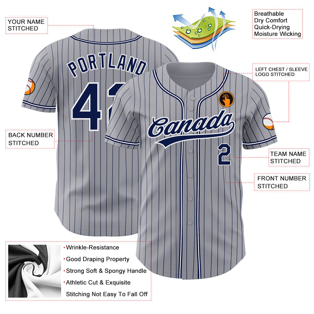 Custom Gray Navy Pinstripe Navy-White Authentic Baseball Jersey baseball jersey product view 3