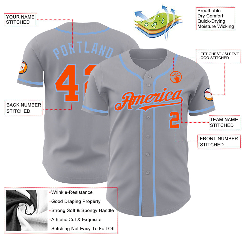Custom Gray Orange-Light Blue Authentic Baseball Jersey baseball jersey product view 3