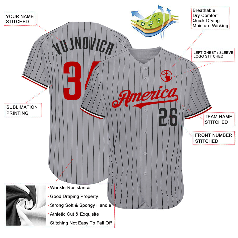 Custom Gray Black Pinstripe Red-White Authentic Baseball Jersey baseball jersey product view 4