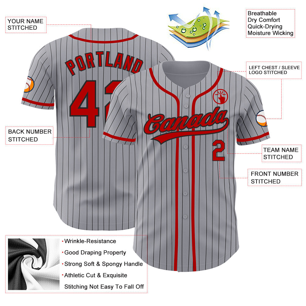 Custom Gray Black Pinstripe Red Authentic Baseball Jersey baseball jersey product view 3