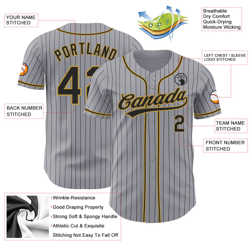Custom Gray Black Pinstripe Black-Old Gold Authentic Baseball Jersey baseball jersey product view 3