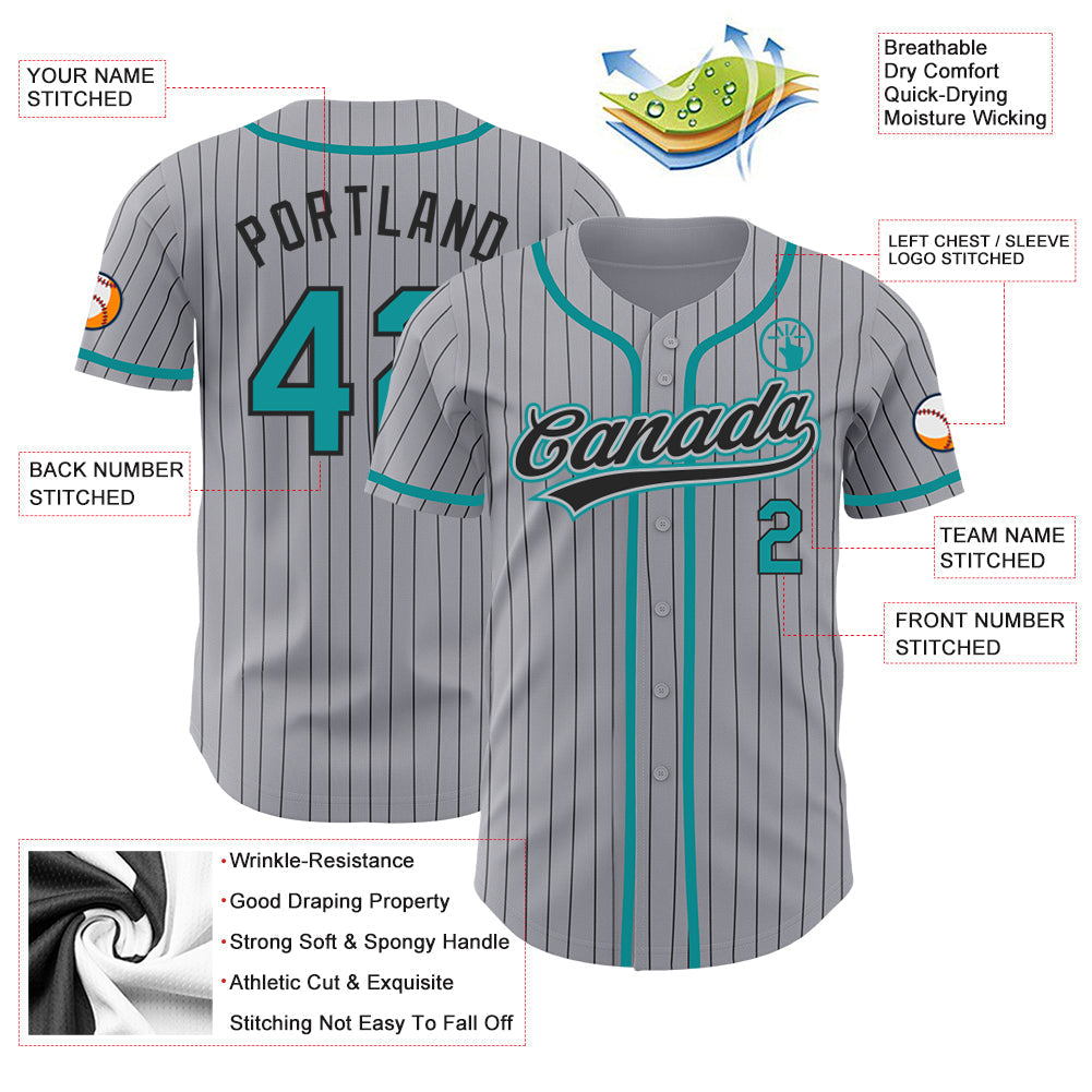 Custom Gray Black Pinstripe Teal Authentic Baseball Jersey baseball jersey product view 3