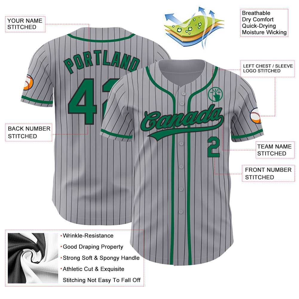 Custom Gray Black Pinstripe Kelly Green Authentic Baseball Jersey baseball jersey product view 4