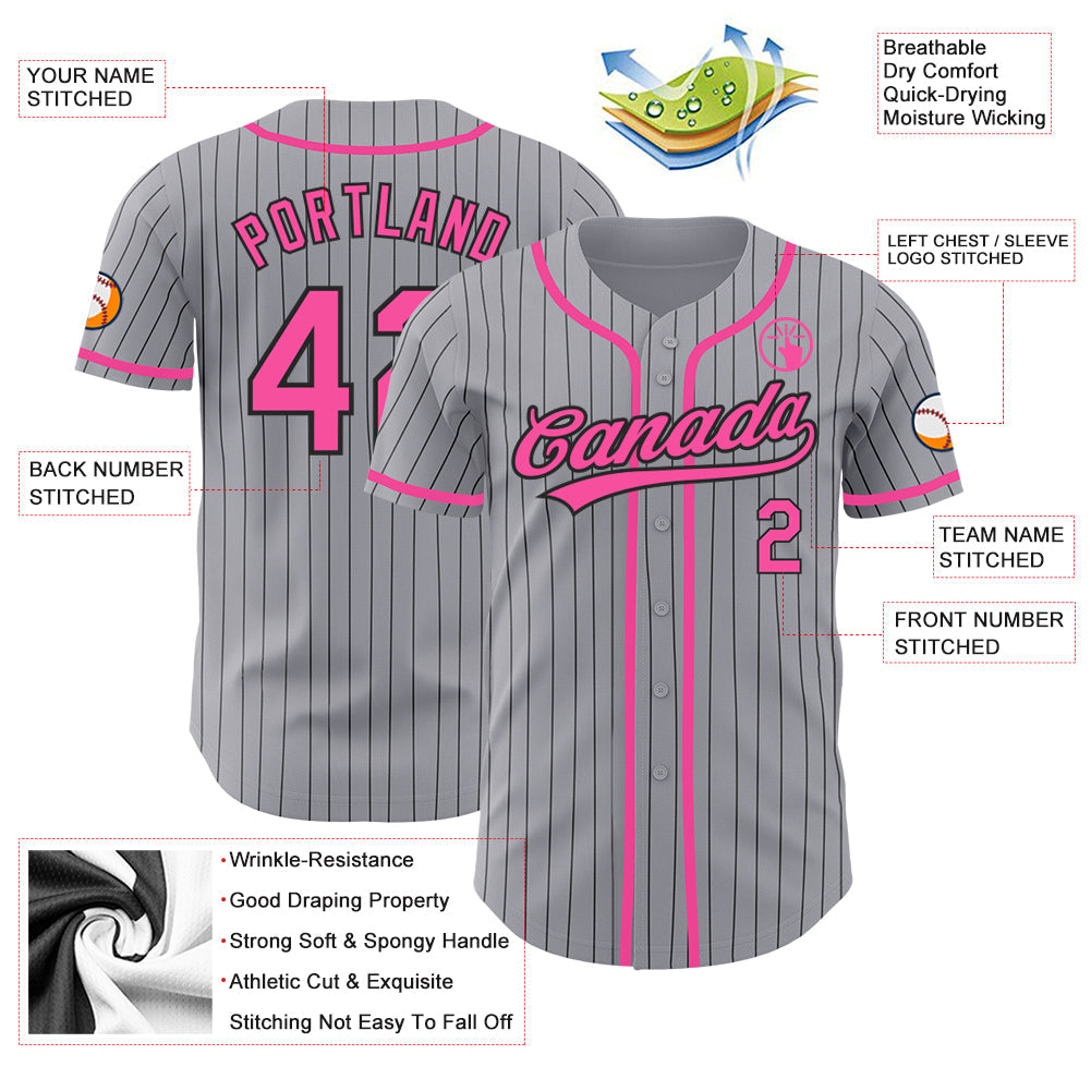Custom Gray Black Pinstripe Pink Authentic Baseball Jersey baseball jersey product view 3