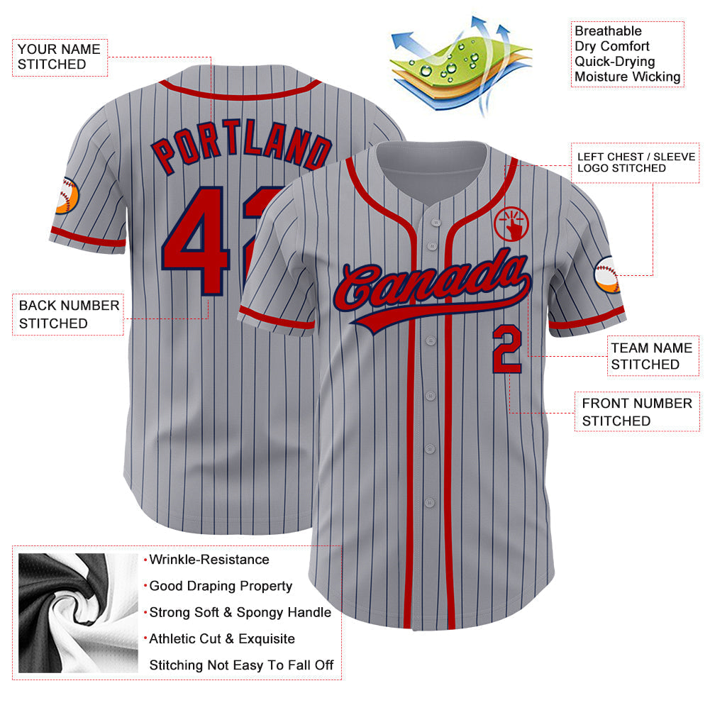 Custom Gray Navy Pinstripe Red Authentic Baseball Jersey baseball jersey product view 3