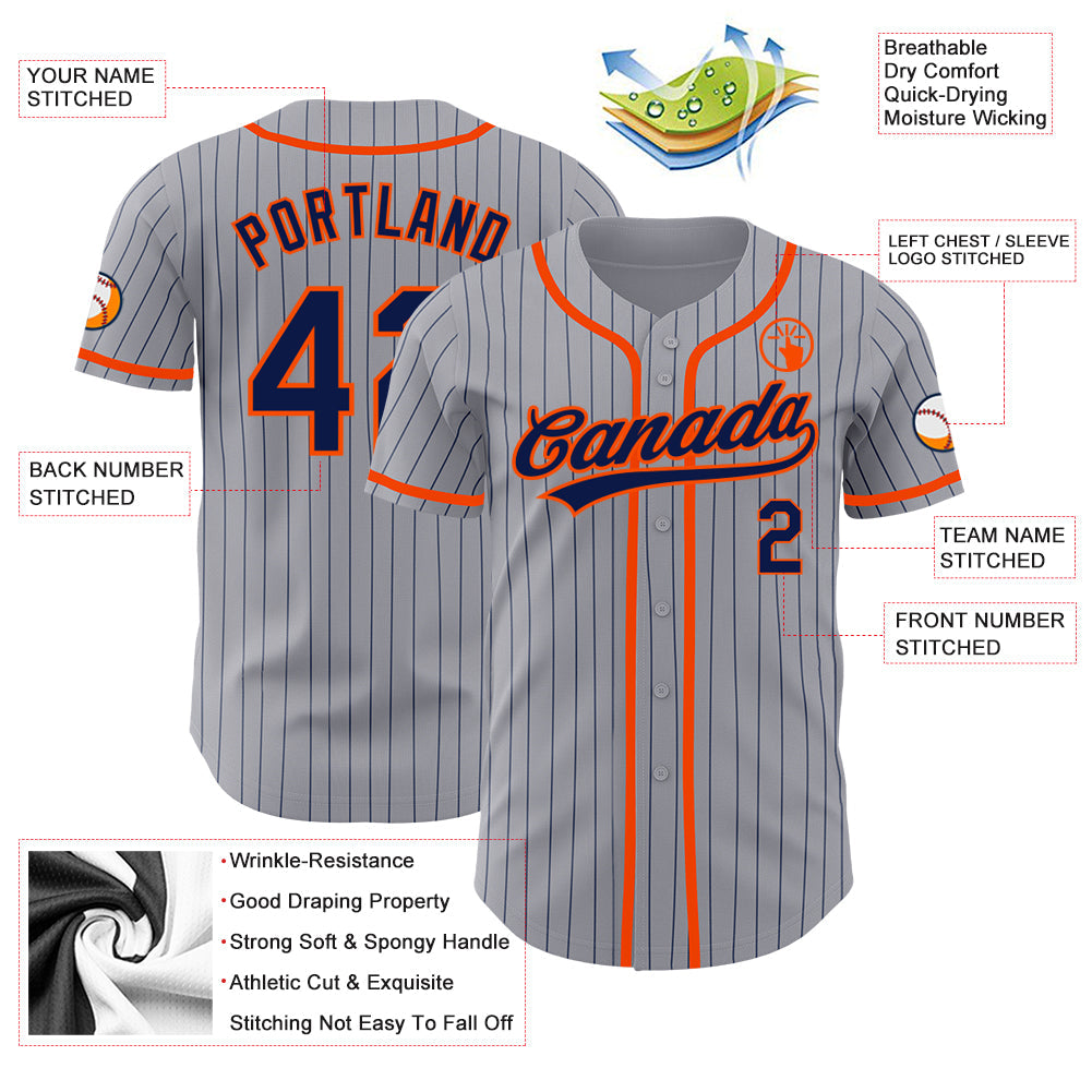 Custom Gray Navy Pinstripe Orange Authentic Baseball Jersey baseball jersey product view 3