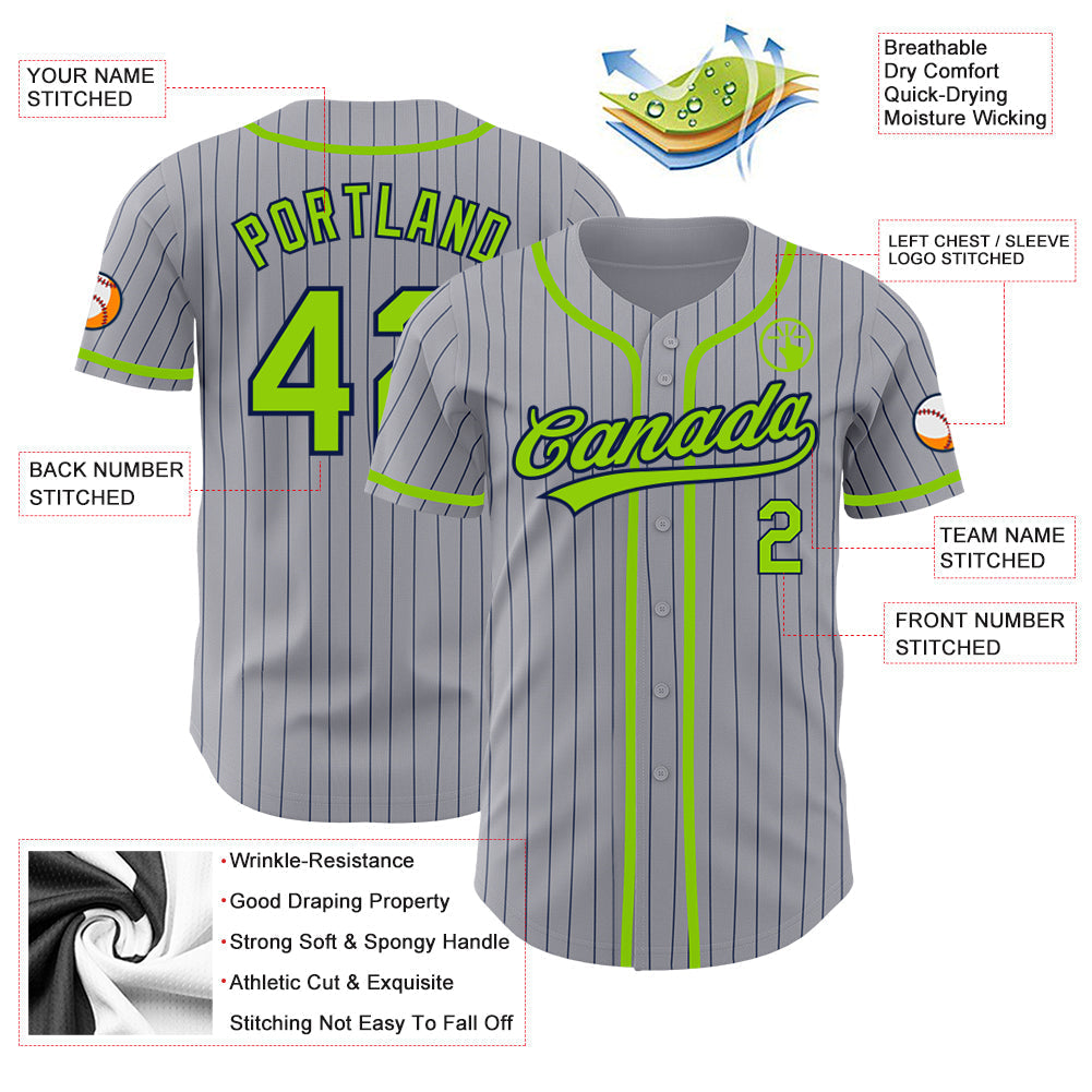 Custom Gray Navy Pinstripe Neon Green Authentic Baseball Jersey baseball jersey product view 4