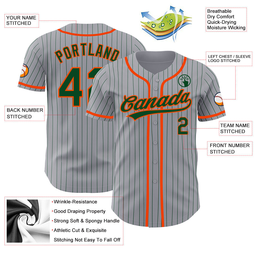 Custom Gray Green Pinstripe Orange Authentic Baseball Jersey baseball jersey product view 3