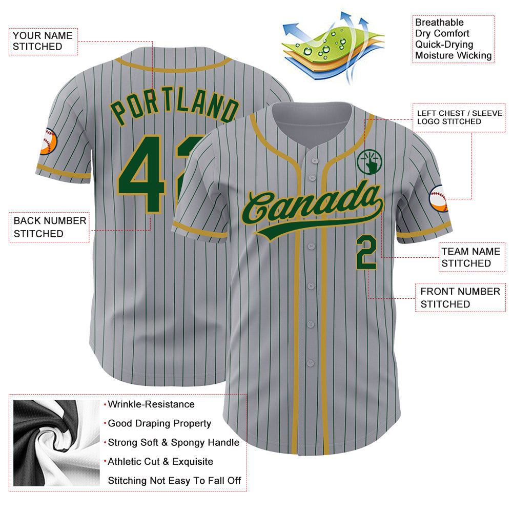 Custom Gray Green Pinstripe Old Gold Authentic Baseball Jersey baseball jersey product view 3