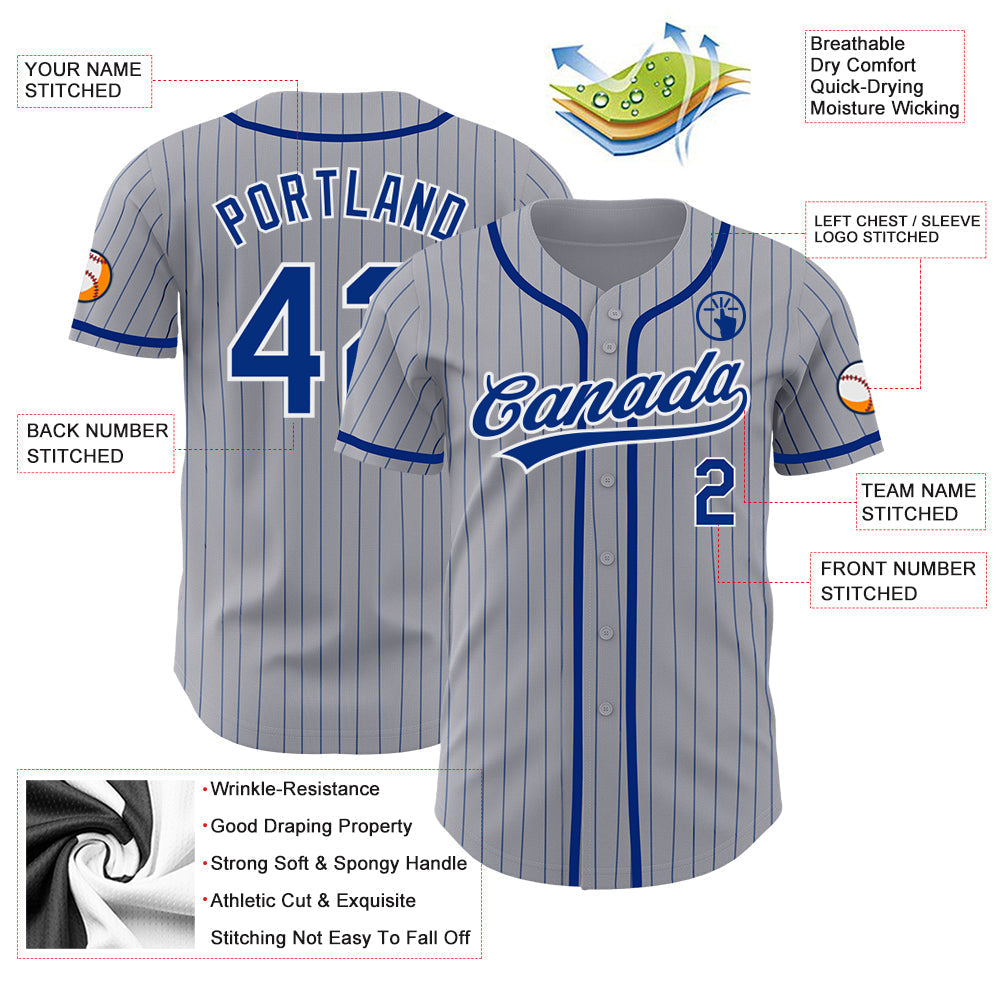 Custom Gray Royal Pinstripe White Authentic Baseball Jersey baseball jersey product view 3