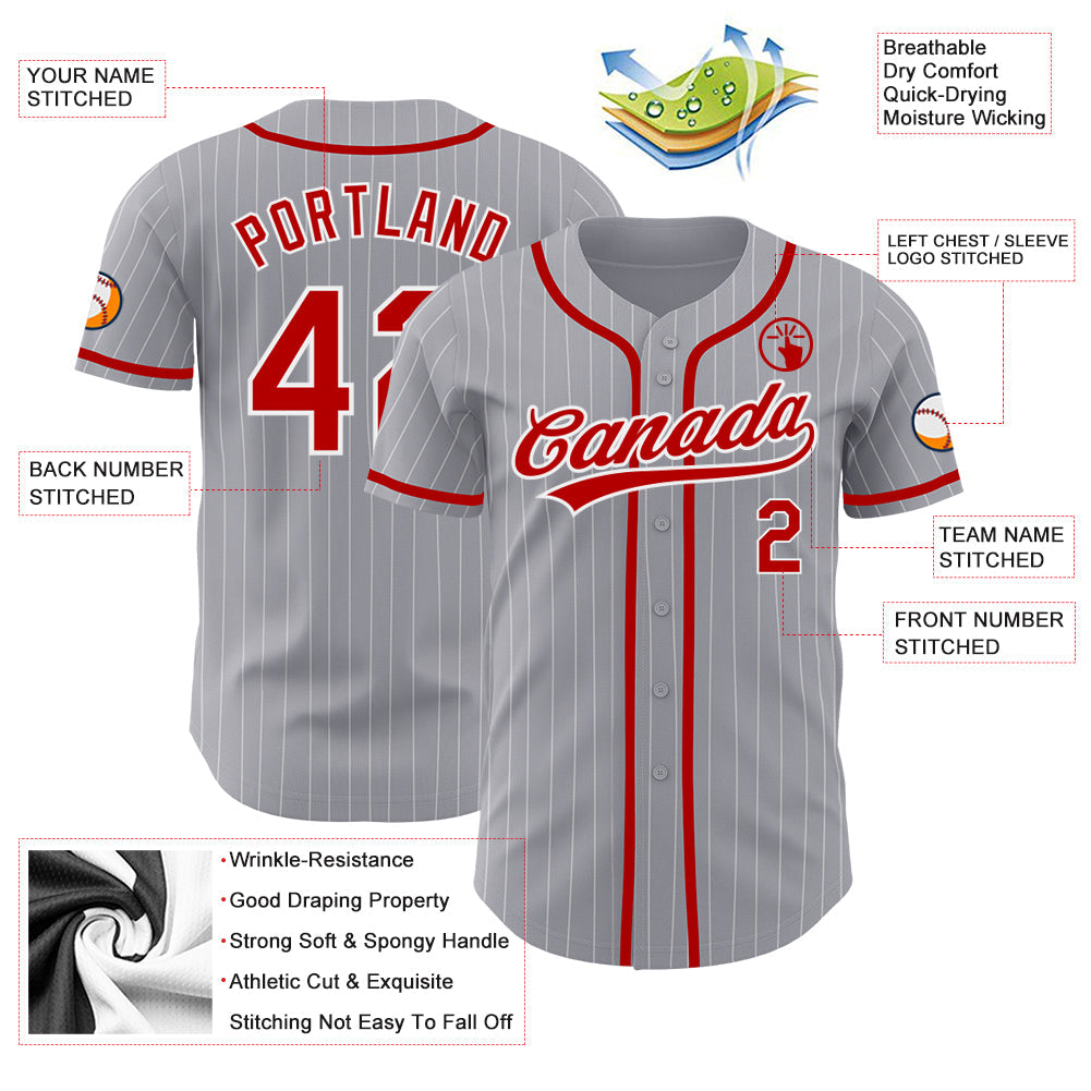 Custom Gray White Pinstripe Red Authentic Baseball Jersey baseball jersey product view 3
