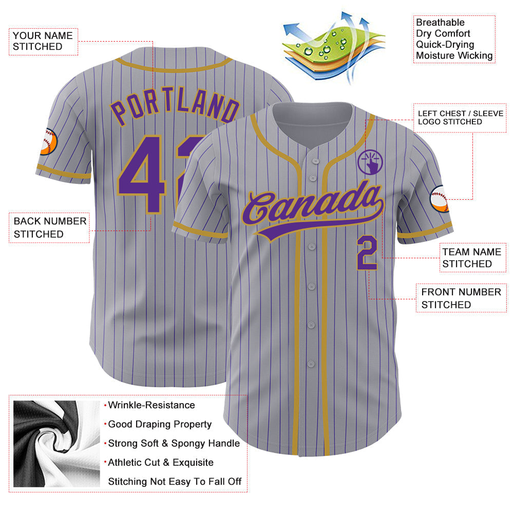 Custom Gray Purple Pinstripe Old Gold Authentic Baseball Jersey baseball jersey product view 4