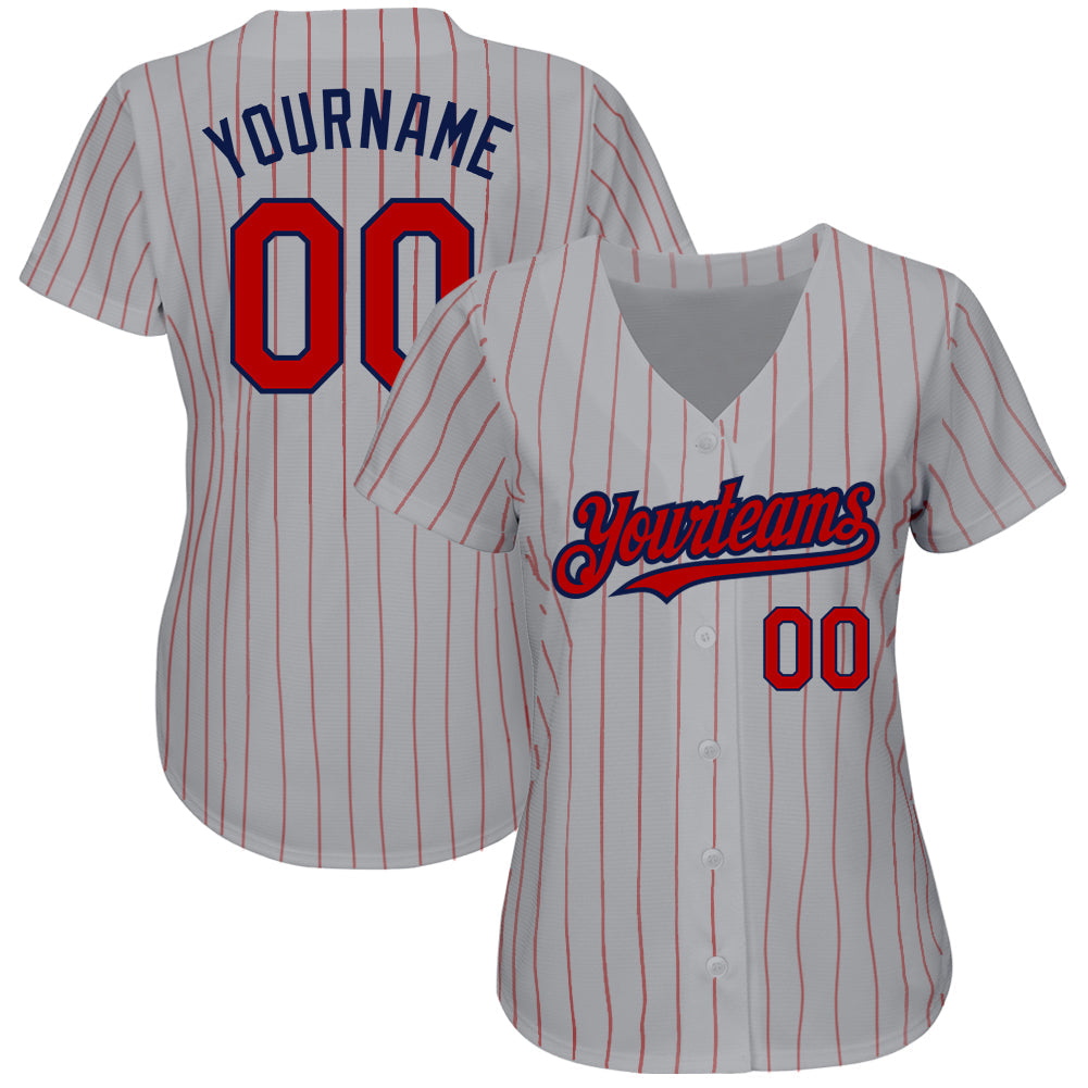 Custom Gray Red Pinstripe Navy Authentic Baseball Jersey baseball jersey product view 2
