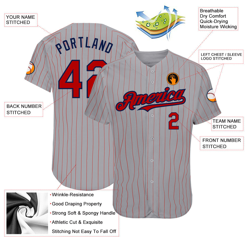 Custom Gray Red Pinstripe Navy Authentic Baseball Jersey baseball jersey product view 3