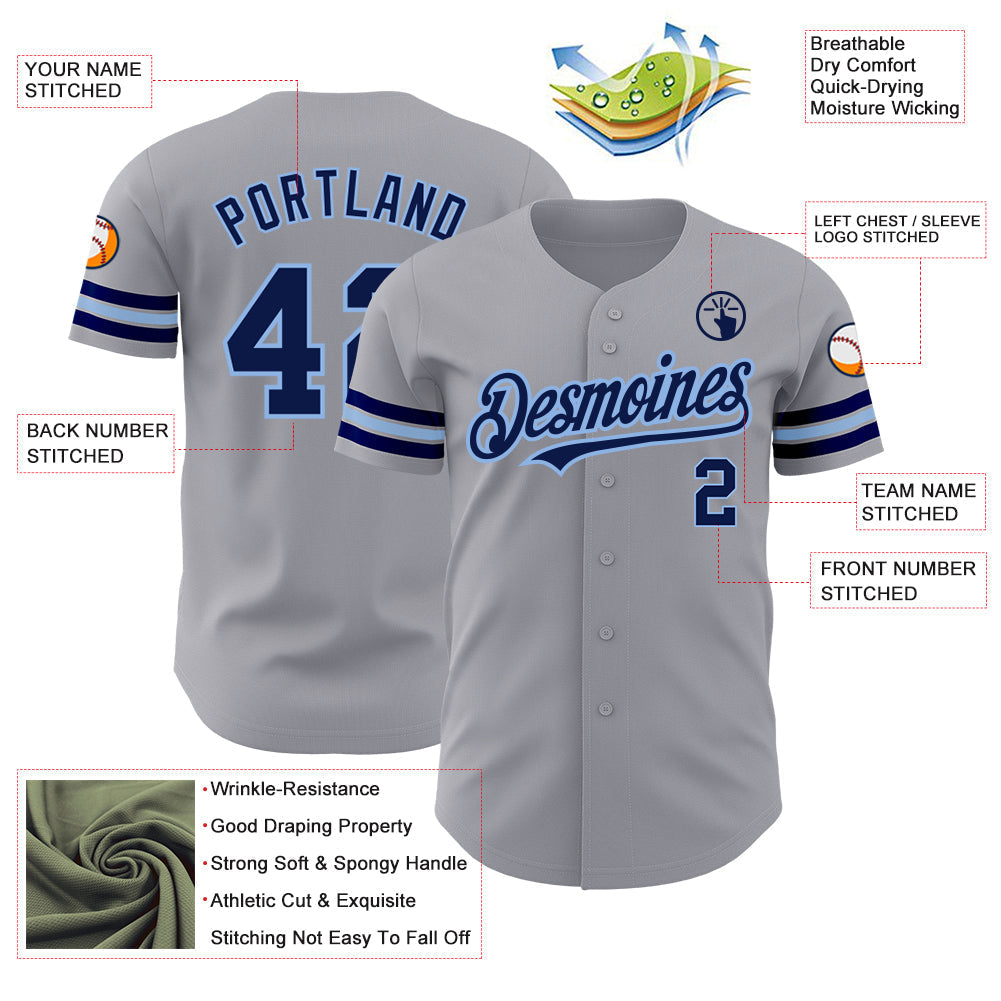 Custom Gray Navy-Light Blue Authentic Baseball Jersey baseball jersey product view 3
