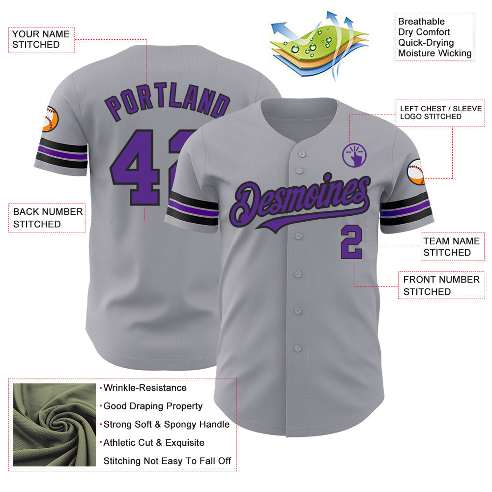 Custom Gray Purple-Black Authentic Baseball Jersey baseball jersey product view 3