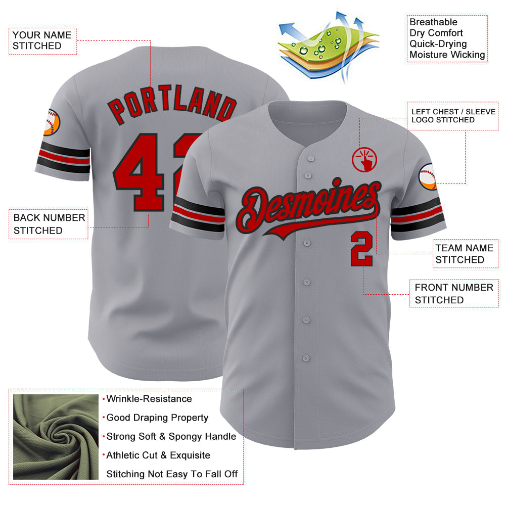 Custom Gray Red-Black Authentic Baseball Jersey baseball jersey product view 3
