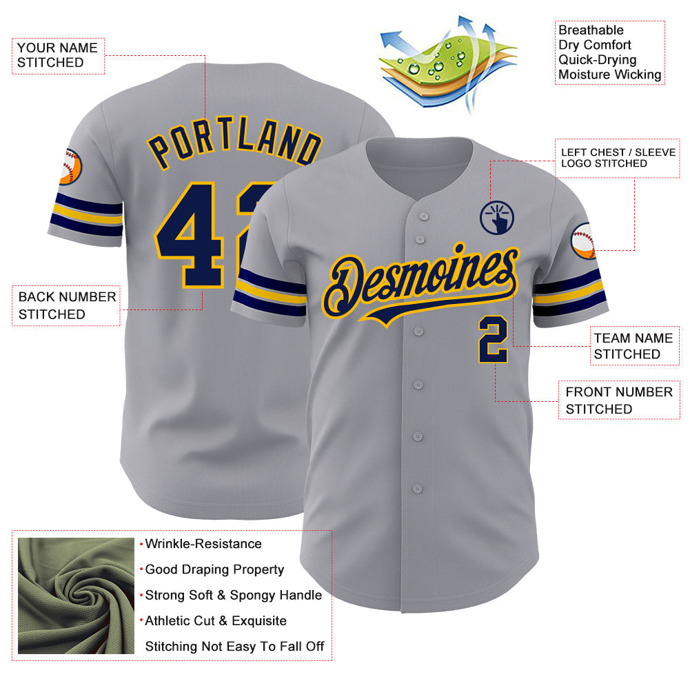 Custom Gray Navy-Gold Authentic Baseball Jersey baseball jersey product view 3