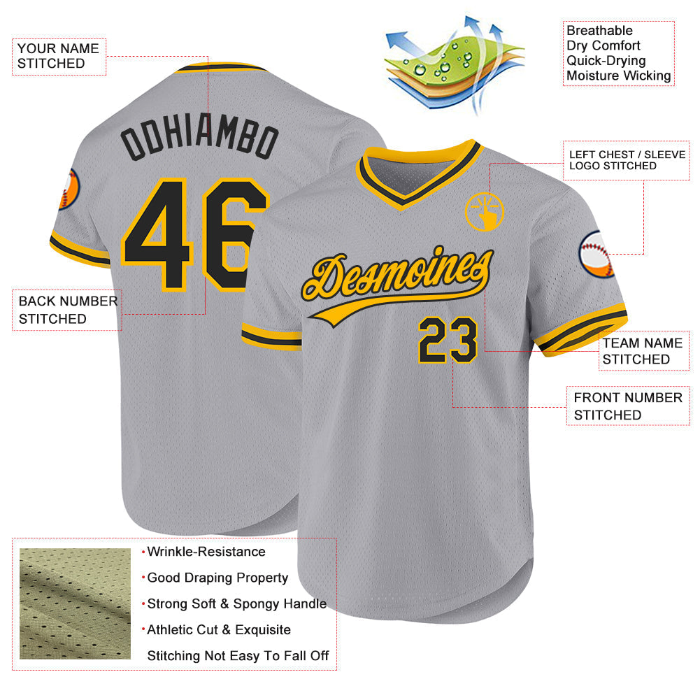 Custom Gray Black-Gold Authentic Throwback Baseball Jersey baseball jersey product view 3