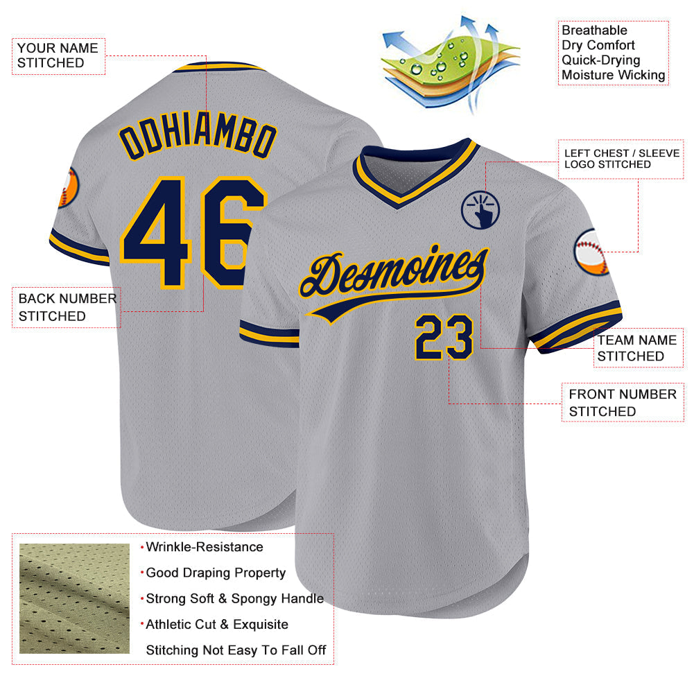 Custom Gray Navy-Gold Authentic Throwback Baseball Jersey baseball jersey product view 3