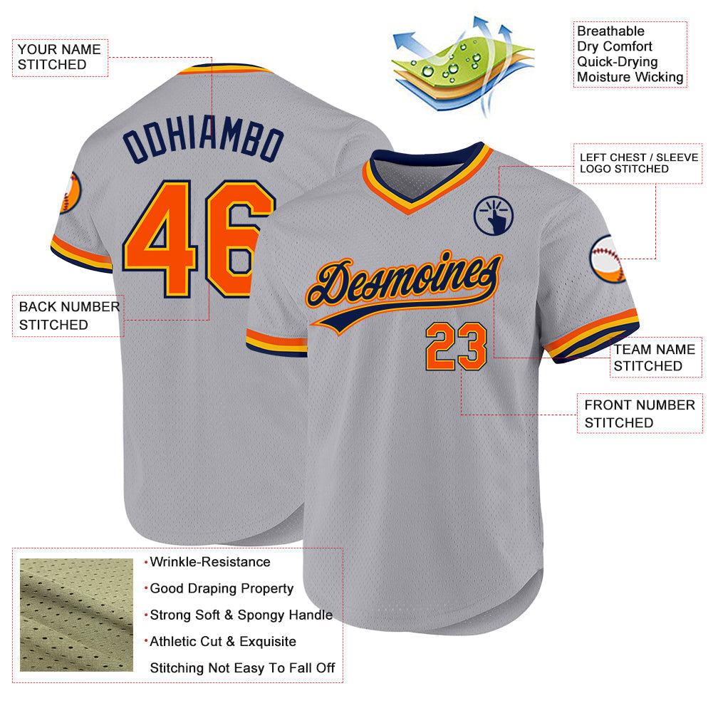 Custom Gray Orange Gold-Navy Authentic Throwback Baseball Jersey baseball jersey product view 3