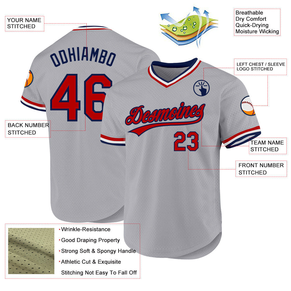 Custom Gray Red-Navy Authentic Throwback Baseball Jersey baseball jersey product view 3