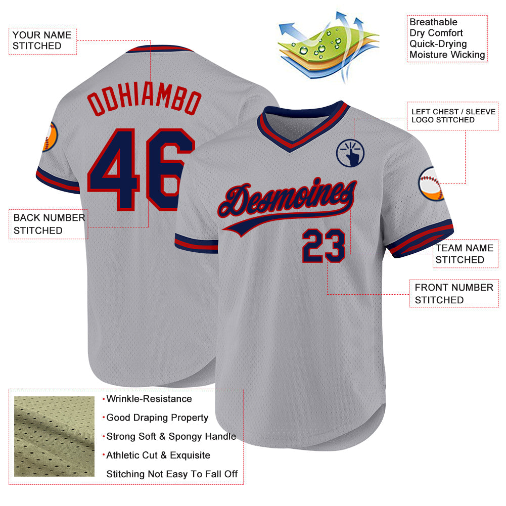 Custom Gray Navy-Red Authentic Throwback Baseball Jersey baseball jersey product view 3