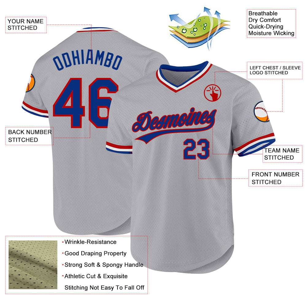 Custom Gray Royal-Red Authentic Throwback Baseball Jersey baseball jersey product view 3