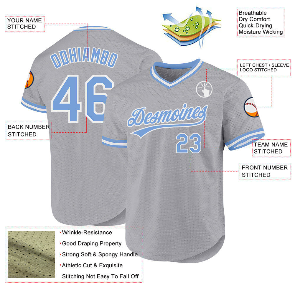 Custom Gray Light Blue-White Authentic Throwback Baseball Jersey baseball jersey product view 3