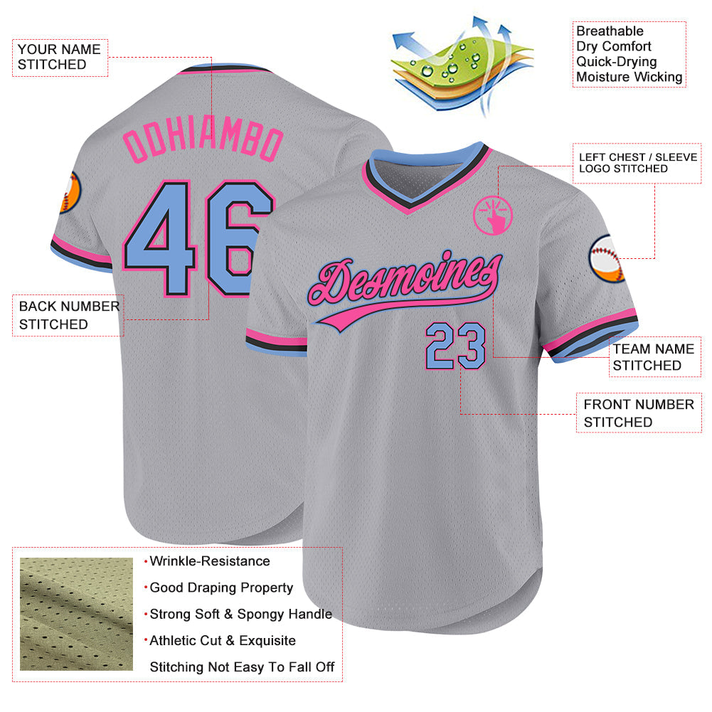 Custom Gray Light Blue Black-Pink Authentic Throwback Baseball Jersey baseball jersey product view 3