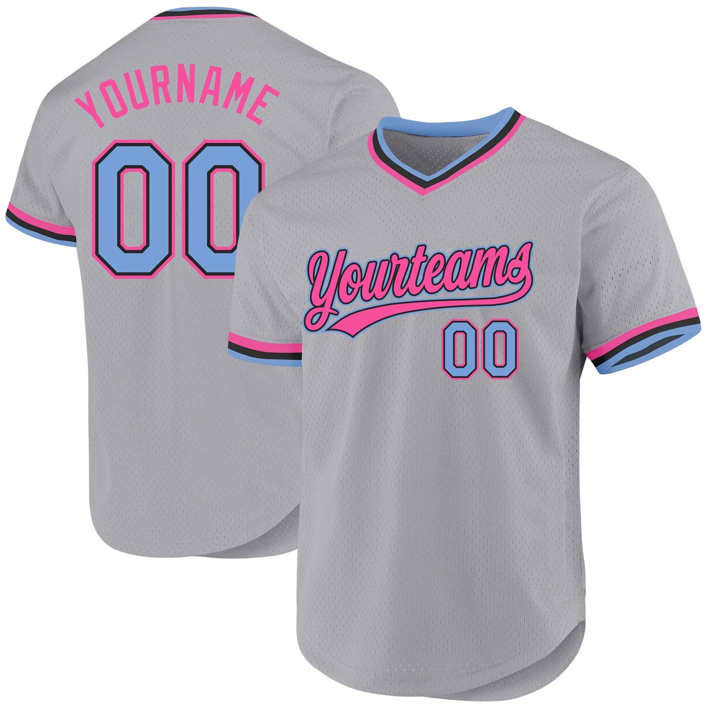 Custom Gray Light Blue Black-Pink Authentic Throwback Baseball Jersey baseball jersey product view 1