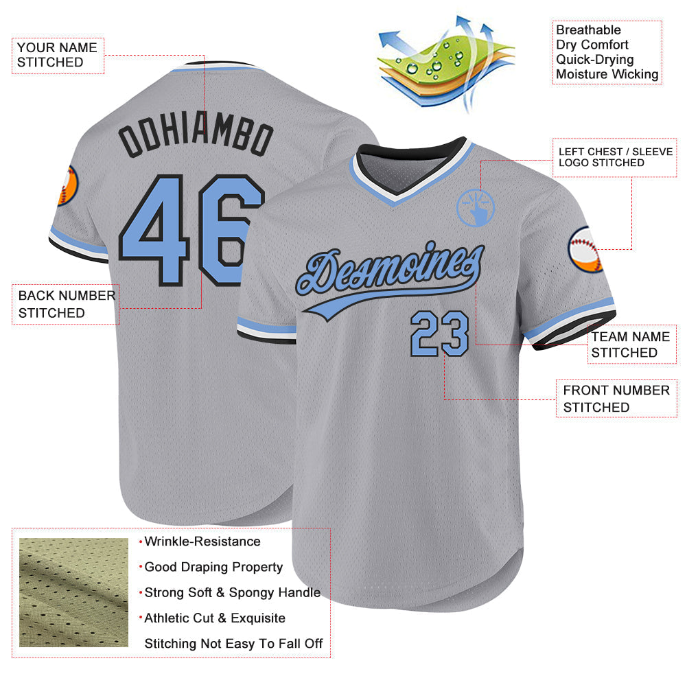 Custom Gray Light Blue-Black Authentic Throwback Baseball Jersey baseball jersey product view 3