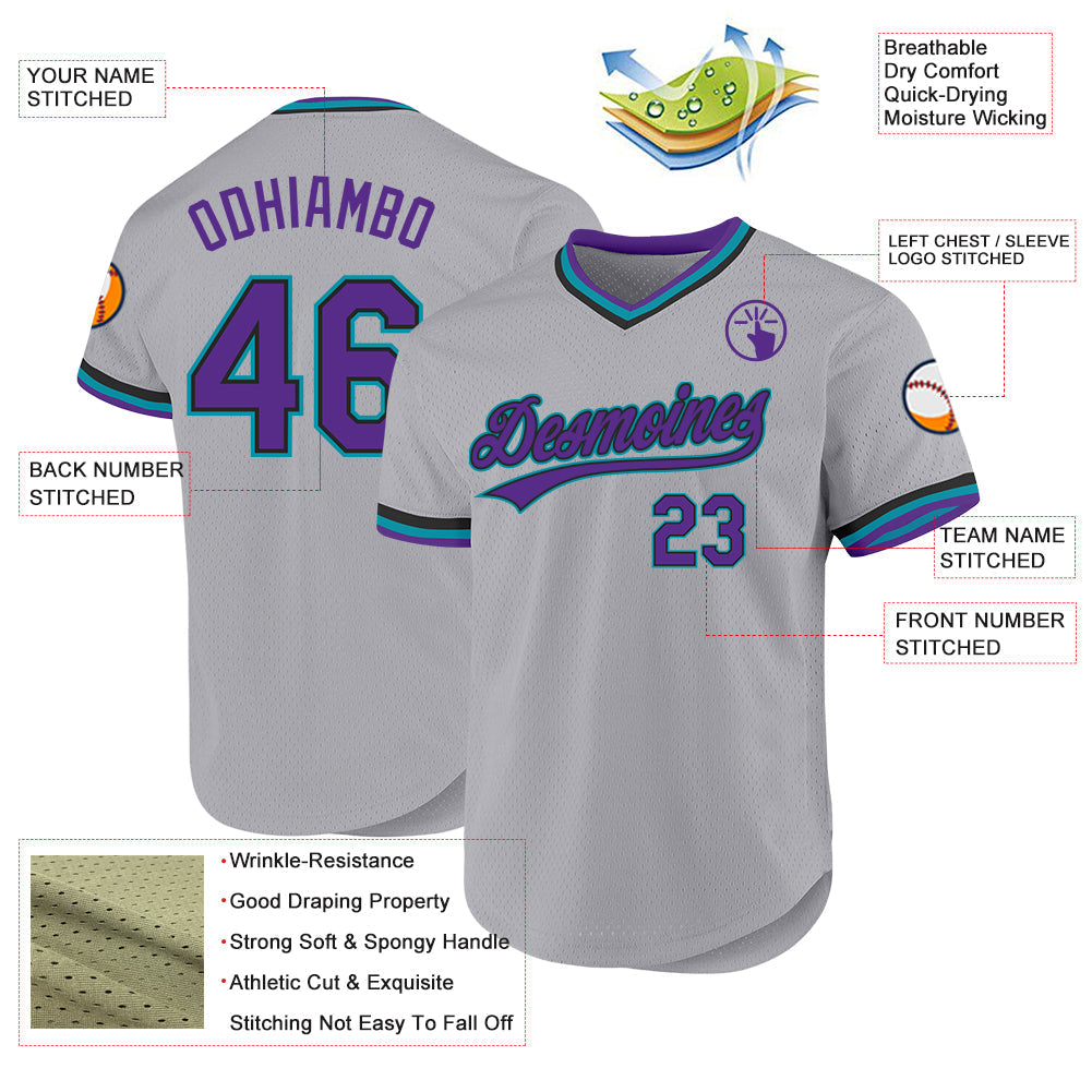 Custom Gray Purple Black-Teal Authentic Throwback Baseball Jersey baseball jersey product view 3