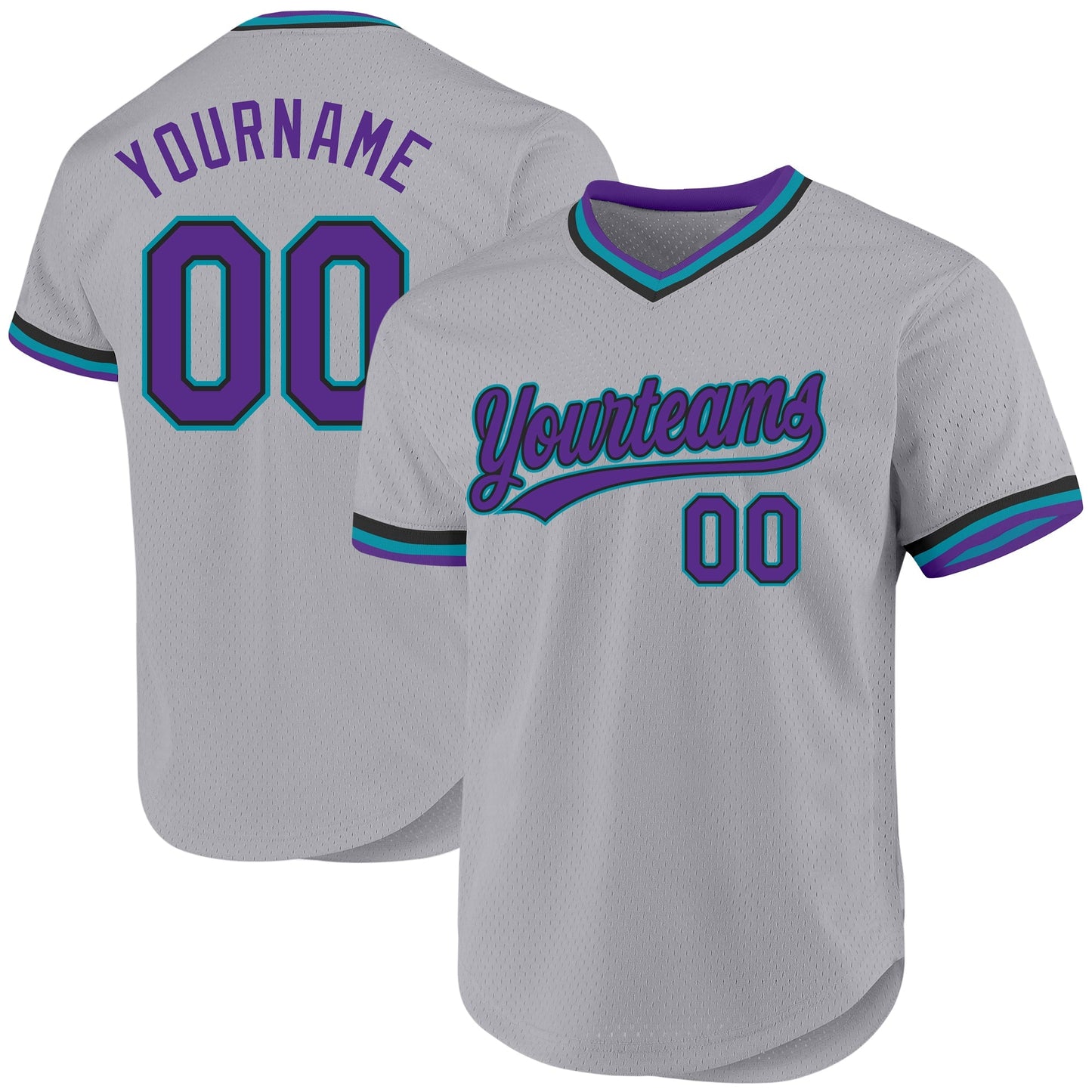 Custom Gray Purple Black-Teal Authentic Throwback Baseball Jersey baseball jersey product view 1