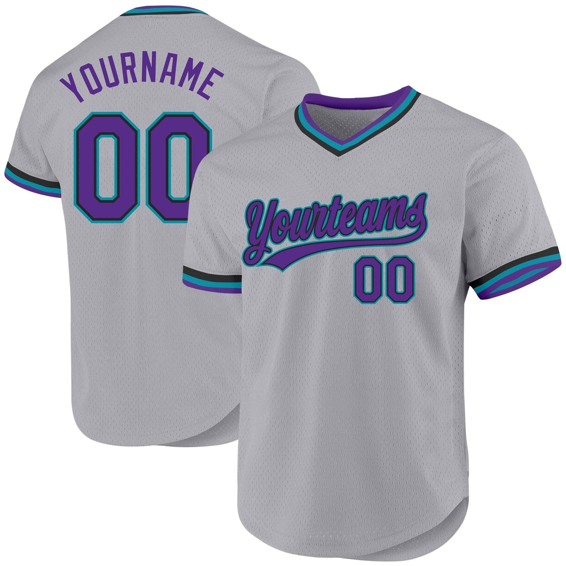 Custom Gray Purple Black-Teal Authentic Throwback Baseball Jersey baseball jersey product view 1