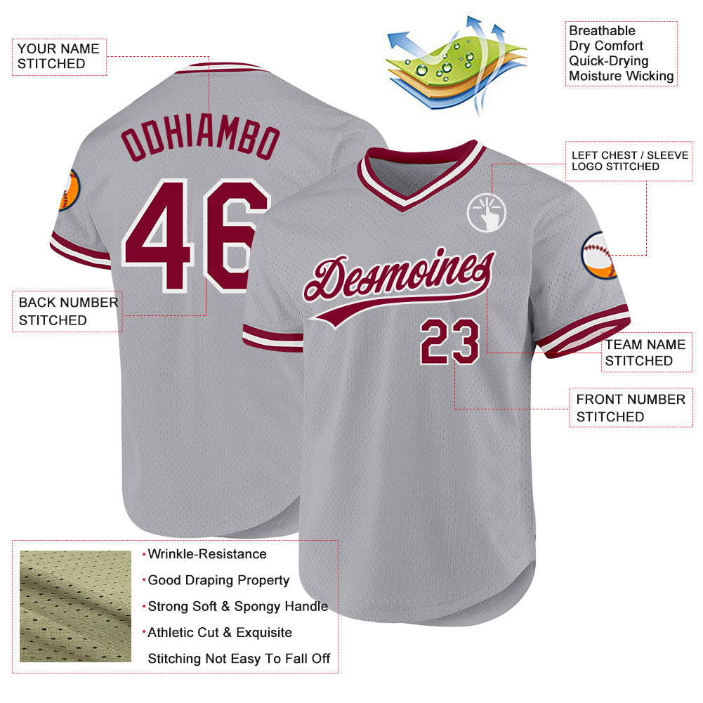 Custom Gray Maroon-White Authentic Throwback Baseball Jersey baseball jersey product view 3