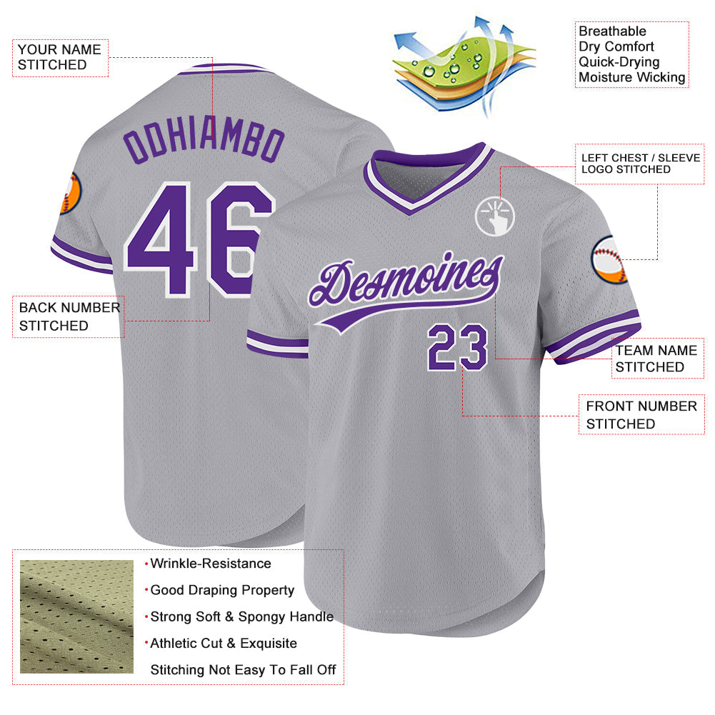 Custom Gray Purple-White Authentic Throwback Baseball Jersey baseball jersey product view 3