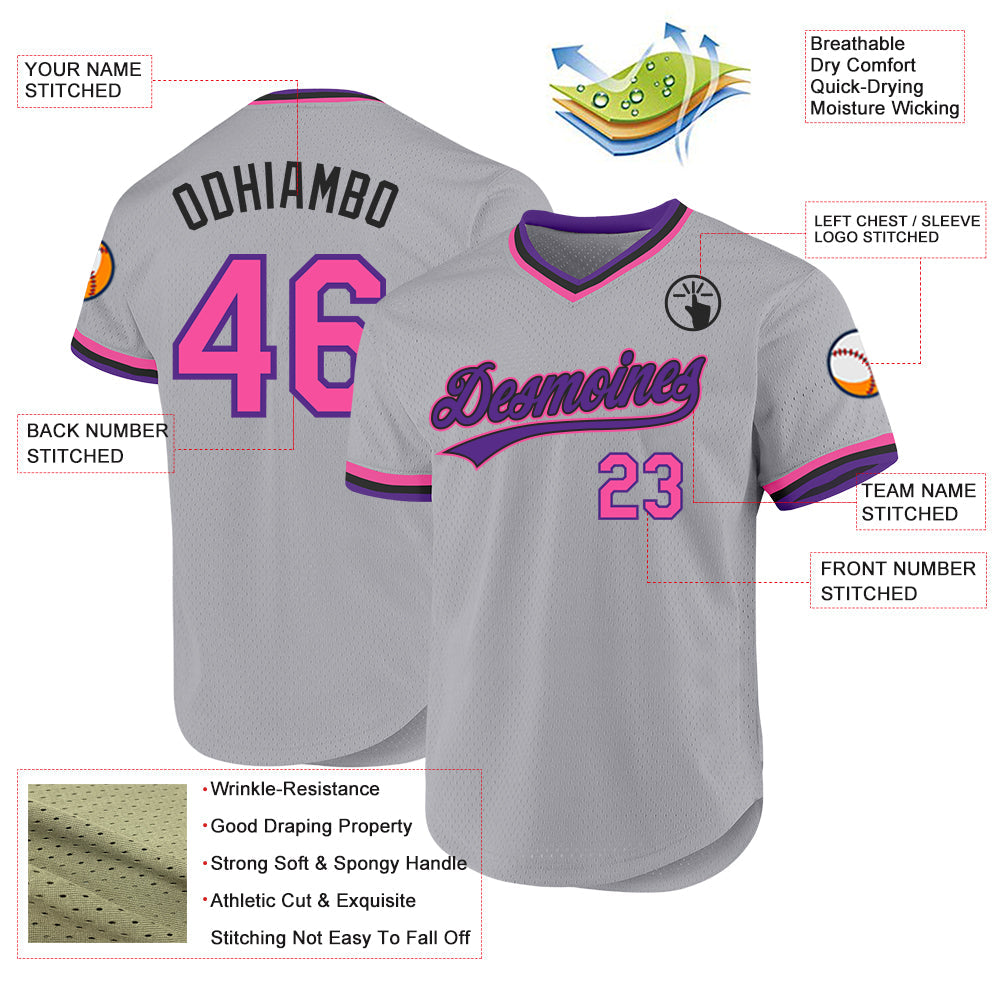 Custom Gray Pink Purple-Black Authentic Throwback Baseball Jersey baseball jersey product view 3