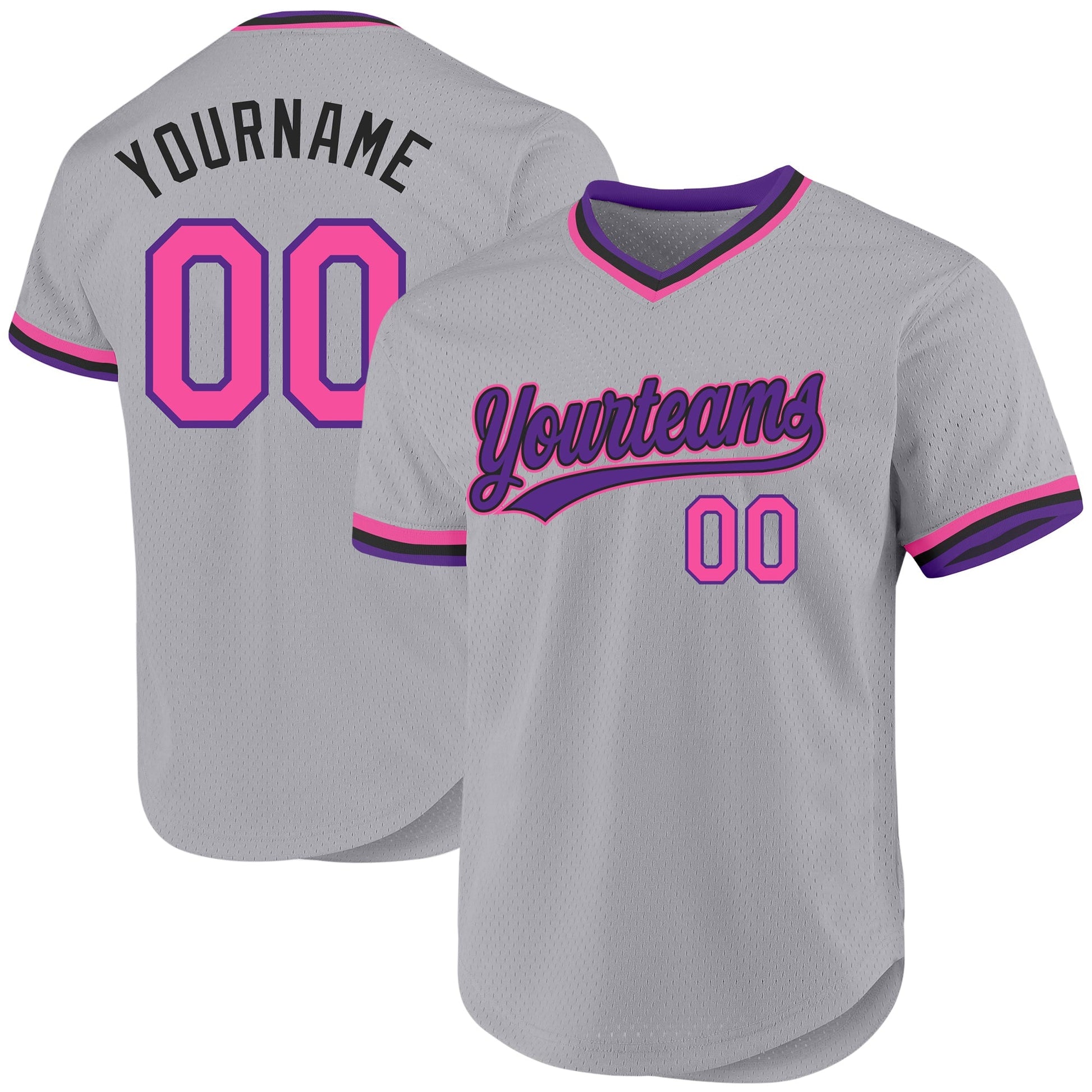 Custom Gray Pink Purple-Black Authentic Throwback Baseball Jersey baseball jersey product view 1