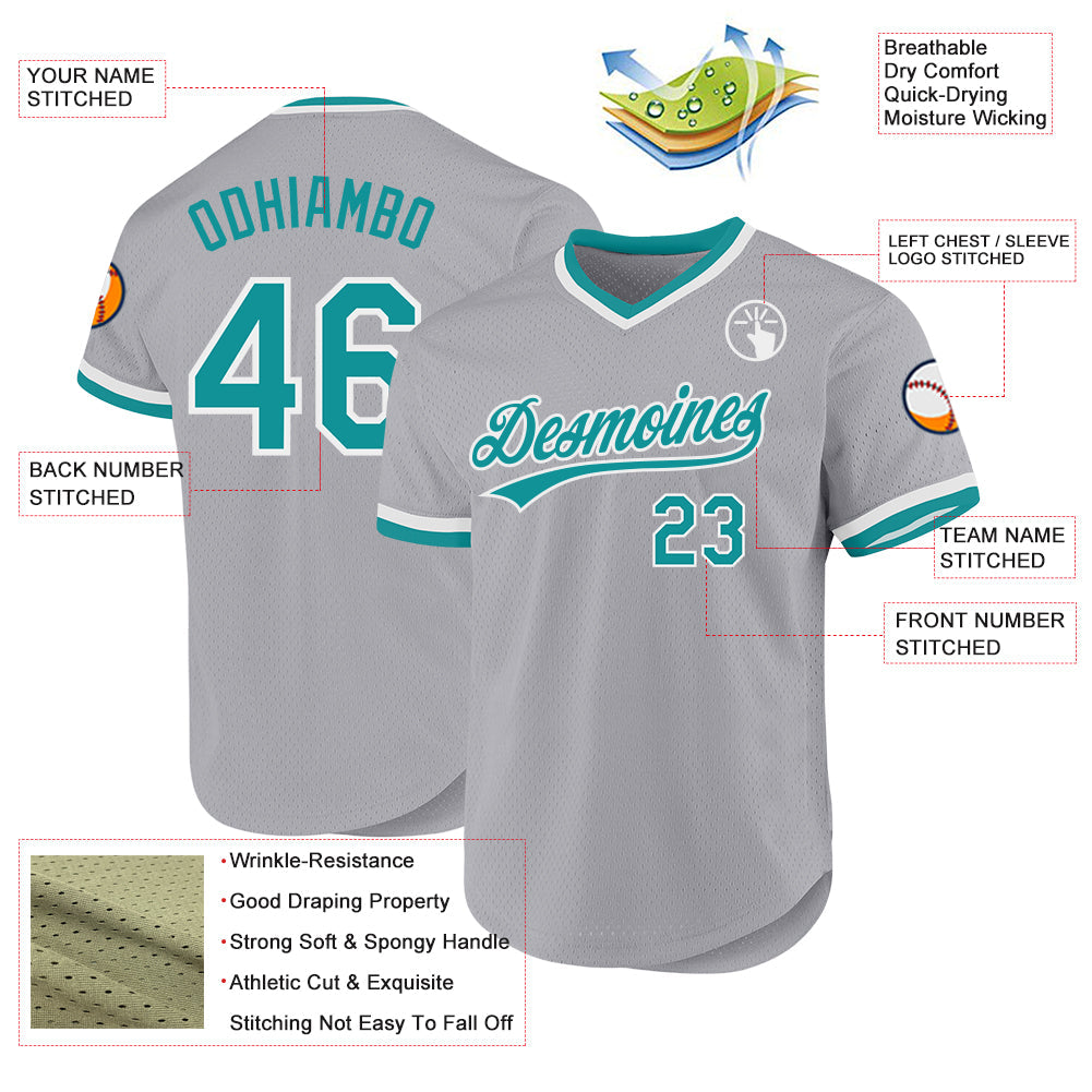 Custom Gray Teal-White Authentic Throwback Baseball Jersey baseball jersey product view 3