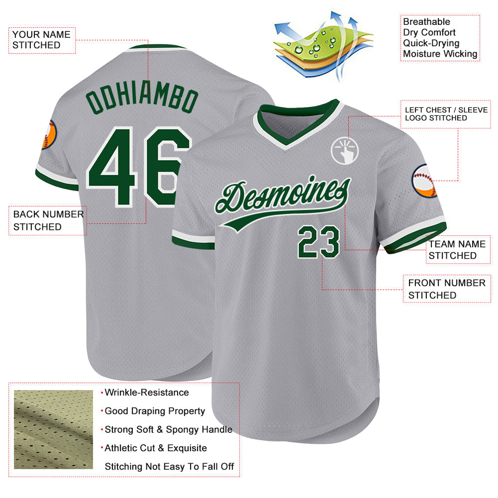 Custom Gray Green-White Authentic Throwback Baseball Jersey baseball jersey product view 3