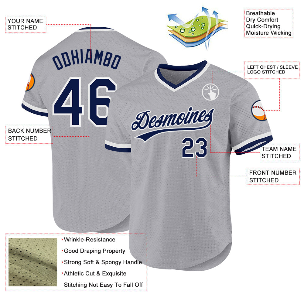 Custom Gray Navy-White Authentic Throwback Baseball Jersey baseball jersey product view 3