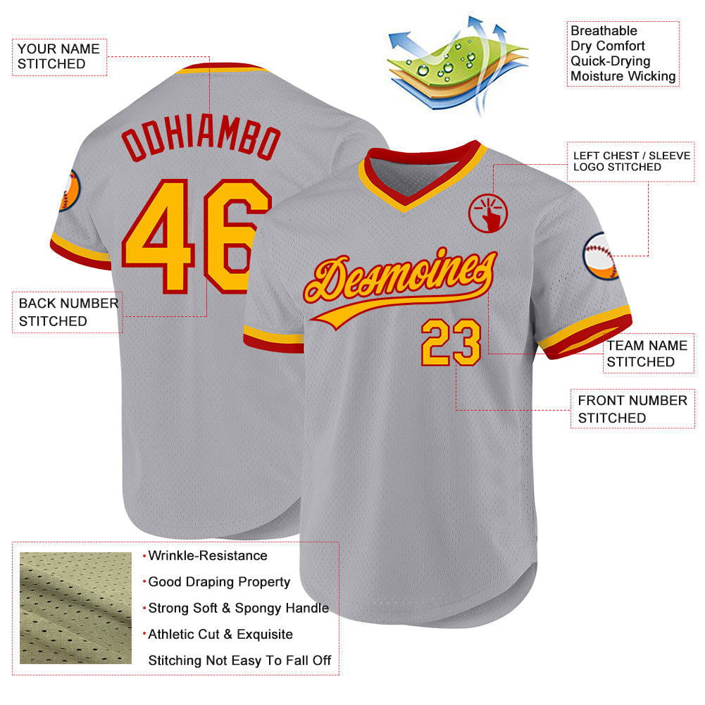 Custom Gray Gold-Red Authentic Throwback Baseball Jersey baseball jersey product view 3