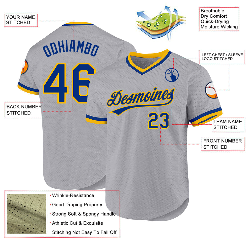 Custom Gray Royal-Gold Authentic Throwback Baseball Jersey baseball jersey product view 3