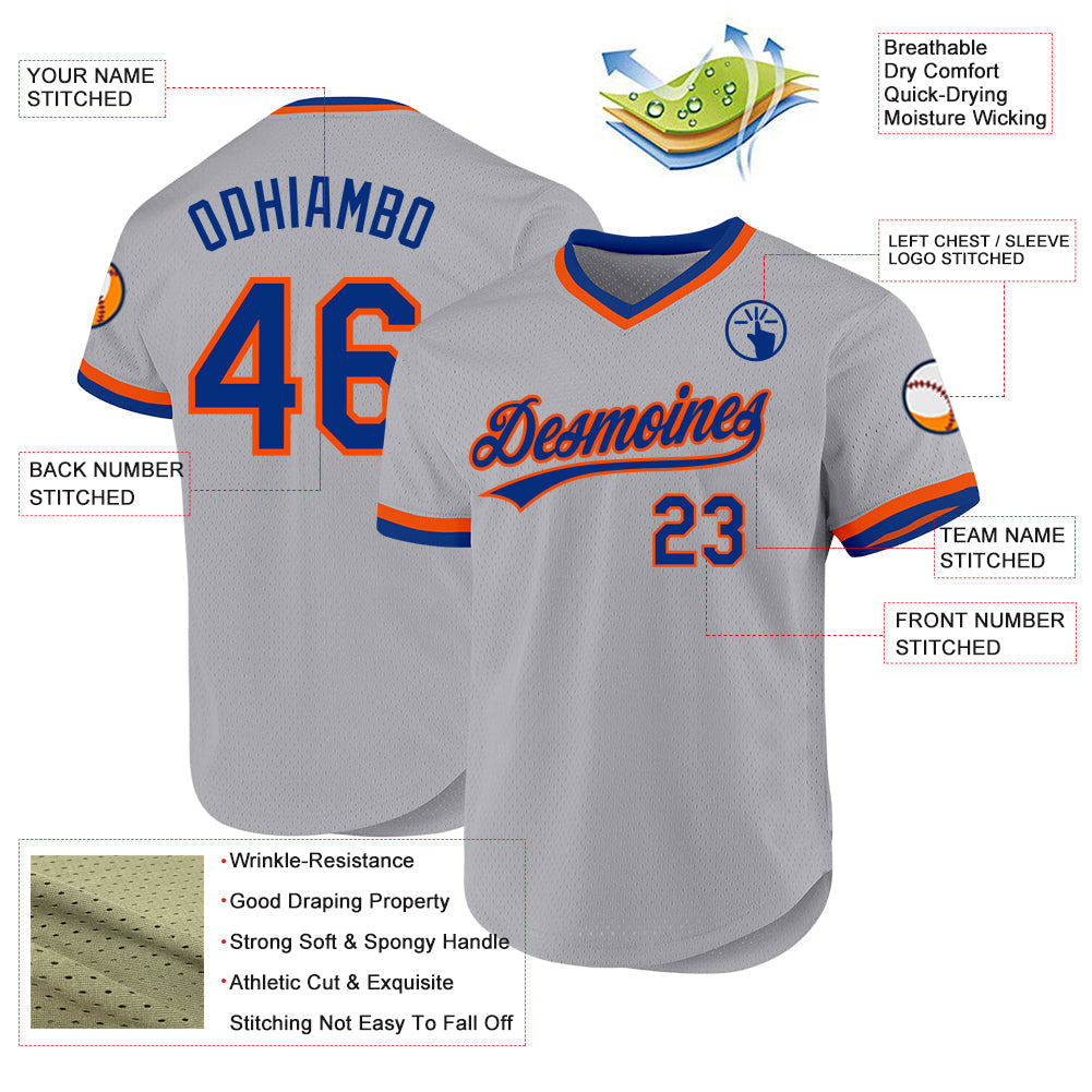 Custom Gray Royal-Orange Authentic Throwback Baseball Jersey baseball jersey product view 3