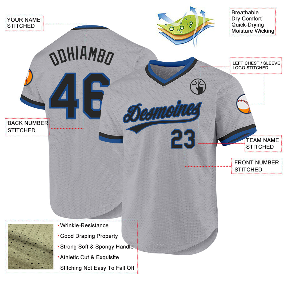 Custom Gray Black-Blue Authentic Throwback Baseball Jersey baseball jersey product view 3